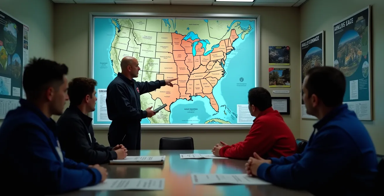 Salle de briefing avec carte aéronautique murale et parachutistes en réunion de préparation