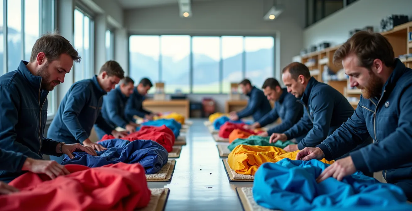 Salle de pliage moderne avec parachutistes préparant leur équipement dans un environnement spacieux et organisé