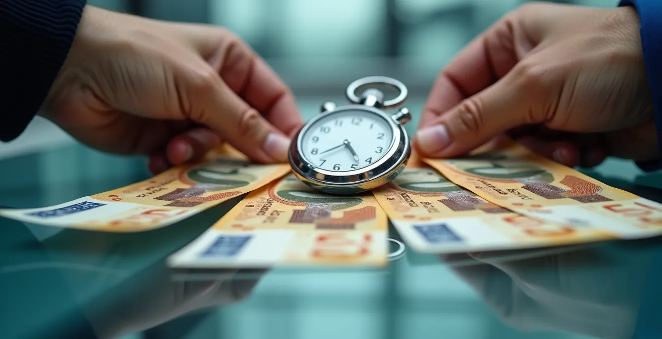 Gros plan sur des mains tenant des billets suisses avec un chronomètre sportif en arrière-plan