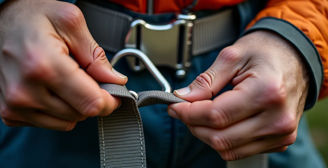 Gros plan macro sur des mains vérifiant les connexions d'un harnais de parachute