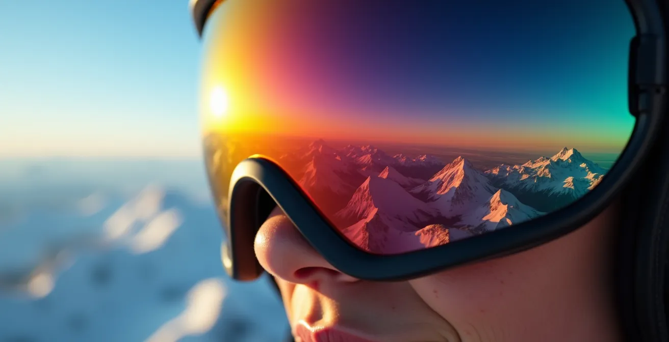 Gros plan sur une visière de casque de parachutisme avec reflets des montagnes suisses