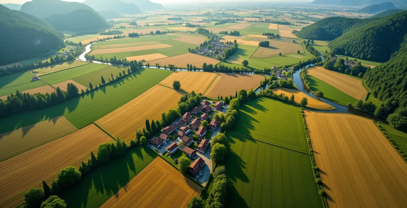 Vue aérienne du patchwork de champs et villages historiques du Plateau suisse