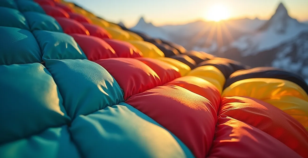 Détail macro d'une voile de parachute colorée avec montagnes floues en arrière-plan