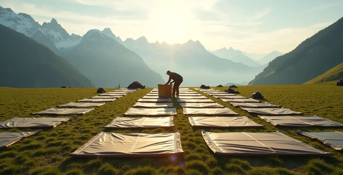 Aire de pliage méthodiquement organisée avec vue panoramique sur les Alpes suisses