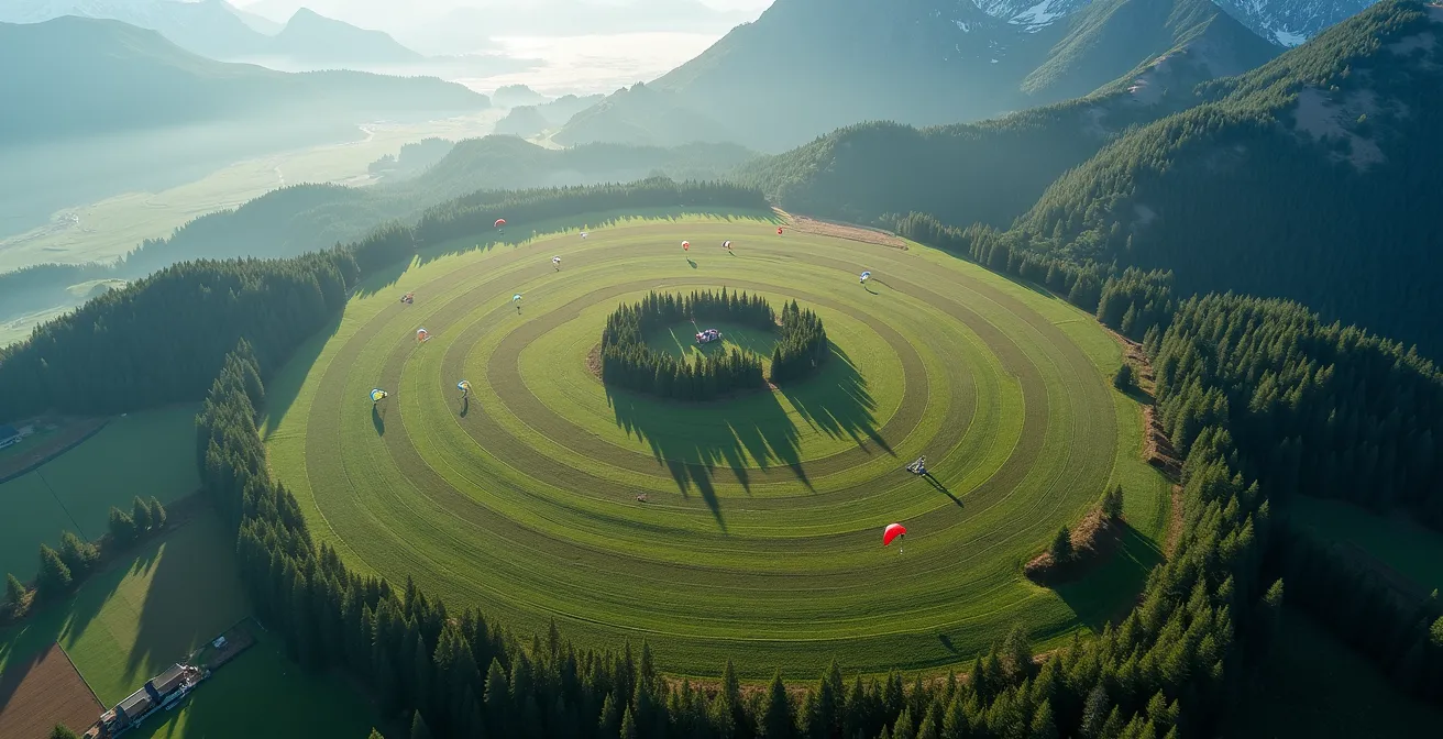 Schéma en vue aérienne montrant les zones de perte d'altitude d'une dropzone suisse avec relief montagneux