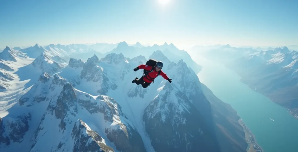 Parachutiste avec équipement suisse devant une carte mondiale des dropzones Parachutiste avec équipement suisse devant une carte mondiale des dropzones